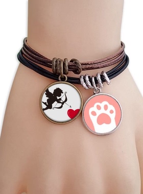 丘比特天使红心图案黑棕手链对饰品猫咪礼物礼品