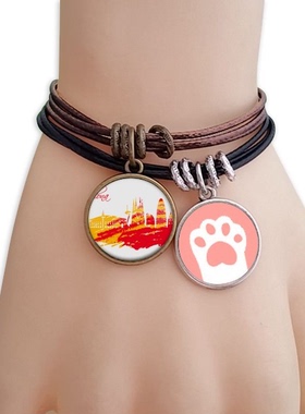 手绘城市剪影红黄巴塞罗那黑棕手链对饰品猫咪礼物礼品