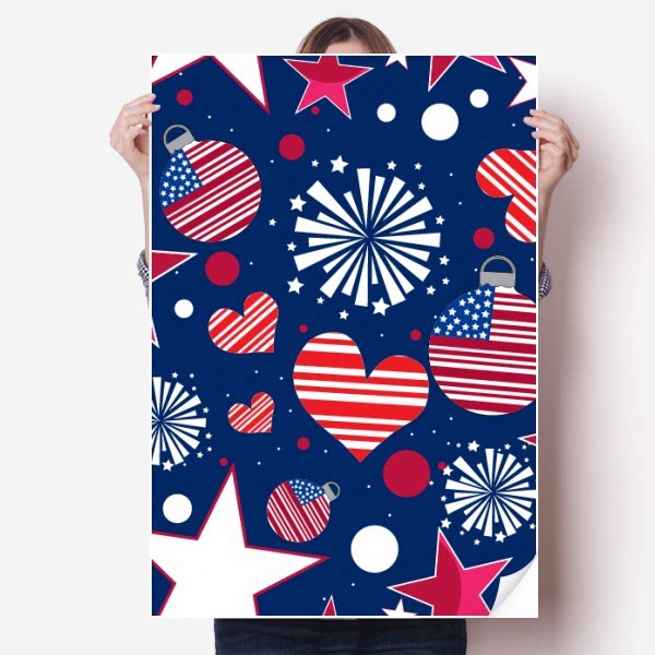 美国国旗爱心节日庆祝烟花插画图案海报贴纸80x55cm墙贴纸卧室家居
