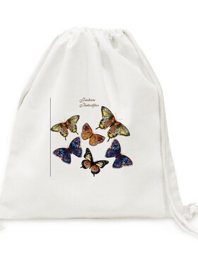 深啡浅黄深蓝翅膀蝴蝶剪影帆布背包购物旅行双肩拉带抽绳书包礼物