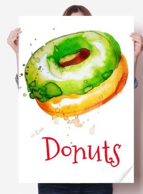 水彩画手绘绿色甜甜圈图案设计海报贴纸80x55墙贴纸卧室家居装饰