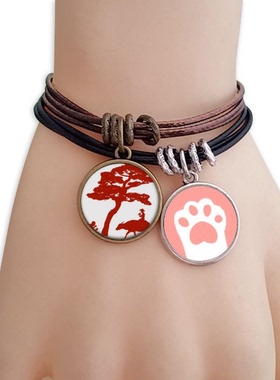 中国文化牛树剪影图案黑棕手链对饰品猫咪礼物礼品