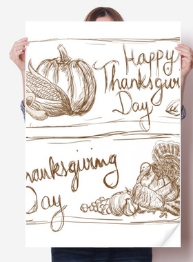快乐感恩节灰色海报贴纸80x55cm墙贴纸卧室家居装饰