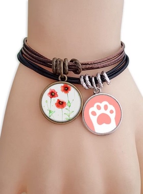 虞美人红花水彩黑棕手链对饰品猫咪礼物礼品
