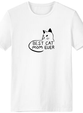 猫图案黑白线手绘文字设计男女白色短袖T恤创意纪念衫个性T恤衫