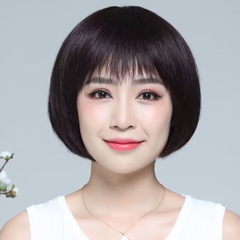 假发女短发真人发丝波波头全真发型妈妈自然圆脸中老年女士全头套