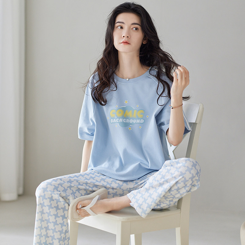 睡衣女士纯棉短袖长裤夏季家居服套装甜美女生春秋天新款100%全棉