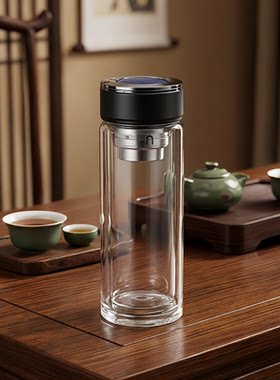铂丽雅双层盖杯304不锈钢内胆玻璃杯子不烫手茶杯办公杯送礼水杯