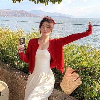 苏三三 开衫配吊带外搭女外套春秋2025新款红色针织上衣开春穿搭