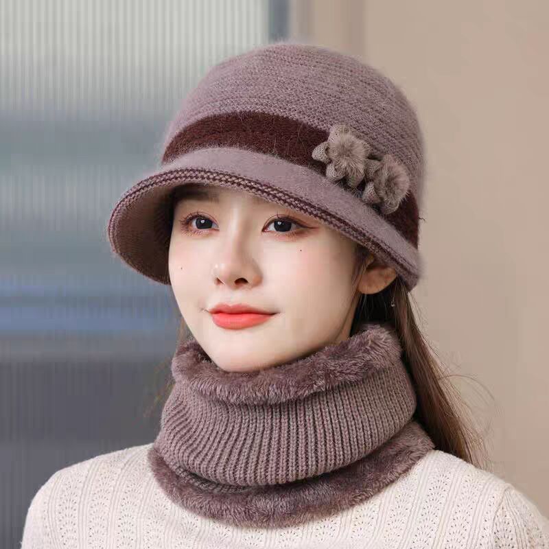 中老年人妈妈帽子冬季女士保暖围脖两件套老太太加绒加厚洋气盆帽