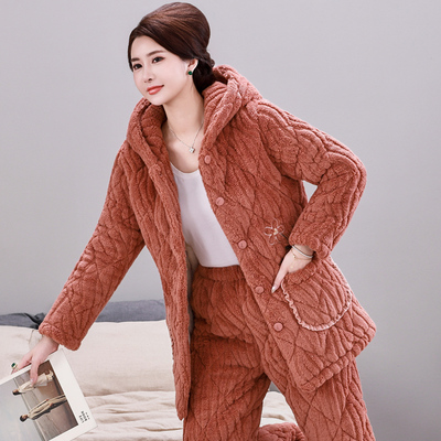 连帽睡衣女秋冬季三层加厚加绒