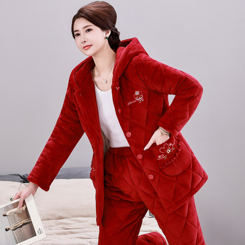 女士睡衣三层夹棉加绒加厚保暖秋冬季中老年妈妈珊瑚绒家居服套装