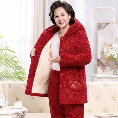 秋冬季睡衣女中老年人妈妈三层加厚加绒夹棉珊瑚绒保暖家居服奶奶