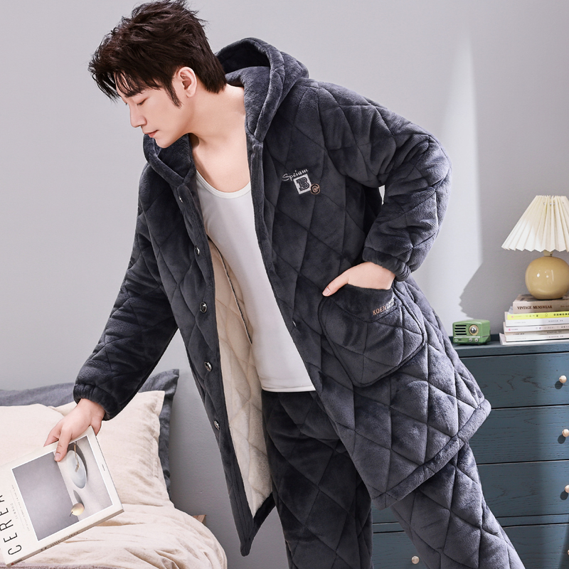 加长款连帽睡衣男士珊瑚绒夹棉三层加厚加绒保暖秋冬季家居服套装