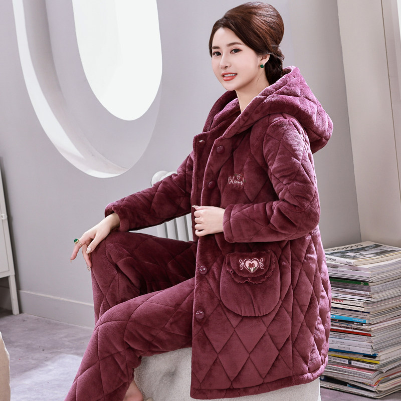 加长款连帽睡衣女秋冬季加厚加绒珊瑚绒夹棉中老年妈妈保暖家居服