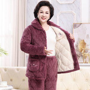 睡衣中老年妈妈家居服套装冬天款女秋冬季三层加厚加绒珊瑚绒夹棉
