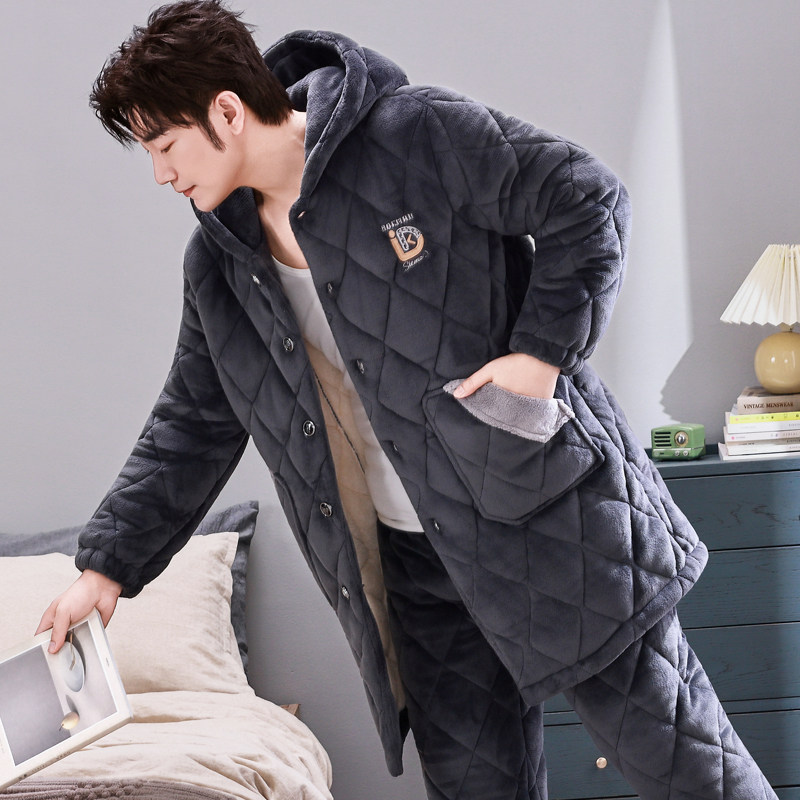 加长款连帽男士睡衣秋冬季珊瑚绒三层夹棉加厚加绒保暖家居服套装