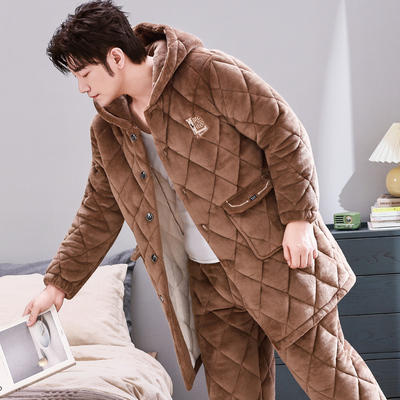 加长款连帽男士珊瑚绒夹棉睡衣