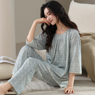 纯棉睡衣女士七分袖长裤宽松时尚家居服春秋季透气全棉秋冬款套装