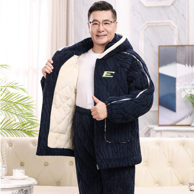 睡衣男士秋冬季三层加厚加绒珊瑚绒夹棉中老年保暖爸爸家居服冬款