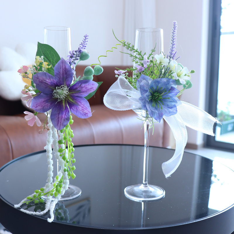原创森系婚礼香槟色蝴蝶兰新郎新娘结婚礼敬酒杯装饰花酒杯花