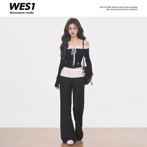 【金金专属】WESTAYONE假两件针织一字肩上衣高级感小个子+微喇裤