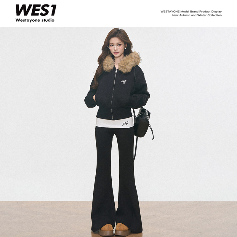 【柒柒Moon直播间】WESTAYONE毛领卫衣外套女秋冬+翻边加绒微喇裤