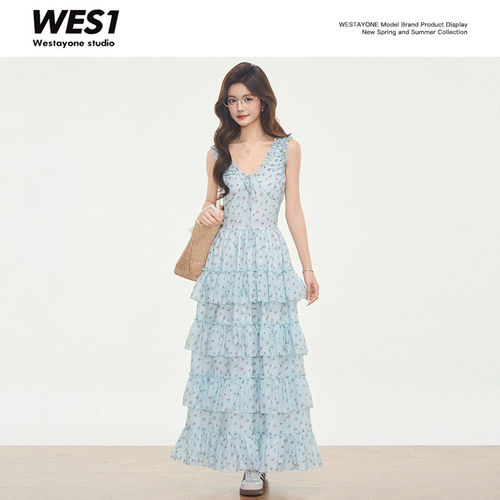 【姒七专属】WESTAYONE薄荷绿碎花连衣裙女夏2026新款小个子长裙