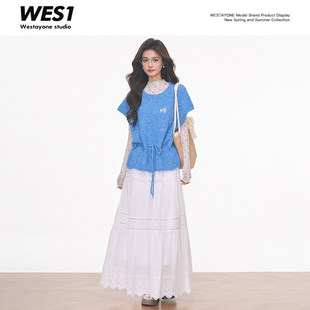 【妧雪呀】WESTAYONE针织短袖上衣小飞袖毛衣+碎花网纱打底+长裙