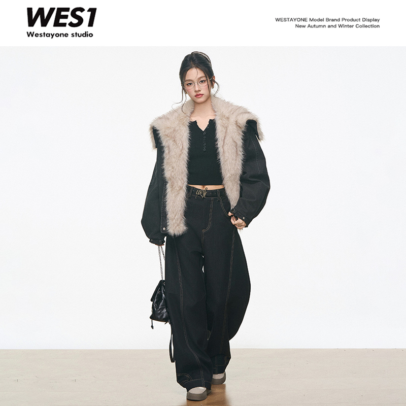 【柒柒Moon直播间】WESTAYONE毛毛工装外套女夹克+仿牛仔弯刀裤