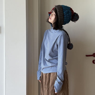 慵懒风条纹毛茸茸高领显瘦长袖