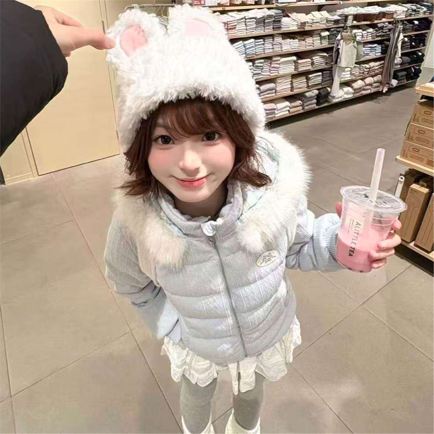 韩系温柔百搭毛织拼接收腰棉服女款冬季加绒加厚短款毛领棉衣外套
