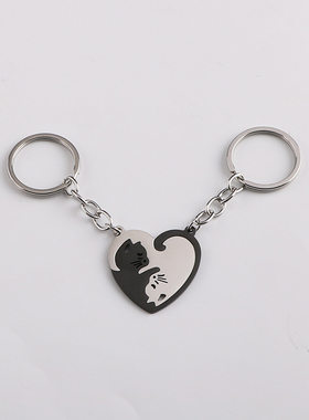 Keychain 情侣小物件随身不锈钢钥匙扣心形拼接猫阴阳猫吊坠项链