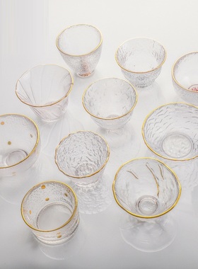 日式金边锤纹清酒杯梅子酒杯果酒玻璃杯小杯子米酒一口杯手绘茶杯