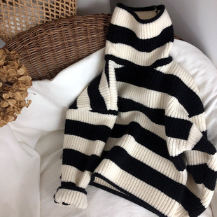 超软复古洋气的宽条纹粗针毛衣 韩国儿童宽松加厚毛衣高领针织衫