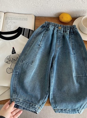 春秋季韩版儿童洋气牛仔裤男女宝宝宽松束脚裤水洗蓝色休闲裤长裤