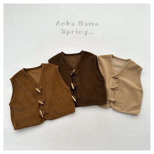 儿童坎肩日系条绒腔调无袖背心春秋新款男女童复古木扣灯芯绒马甲