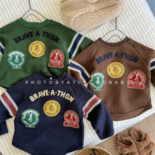 秋冬韩系童装儿童抓绒卫衣男宝洋气日系贴布字母套头卫衣童上衣潮