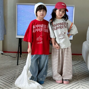 卡通印花T恤男女童宽松短袖 帅痞落肩袖 圆领休闲上衣 儿童韩版 夏季