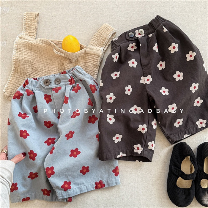 春夏季韩系童装男女宝宝花朵百搭休闲裤1-6岁儿童水洗棉洋气7分裤