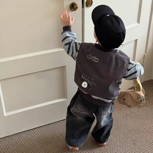 冬季儿童韩版条纹假两件印花加绒卫衣卡通刺绣喷白加绒牛仔直筒裤