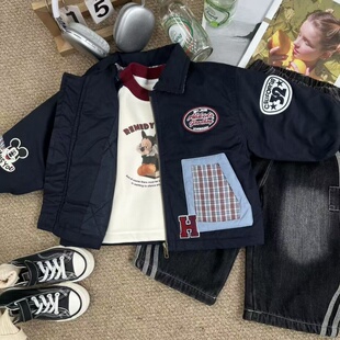 男宝宝喷白加绒牛仔裤 冬季 儿童加厚翻领贴标夹克棉服织带贴标长裤