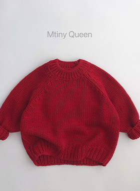 洋气圣诞款~新年冬儿童毛衣韩版男女潮宝针织衫复古红色套头插肩