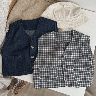 儿童格子马甲韩版 牛仔马甲 森系坎肩背心上衣男女童洋气日系薄款