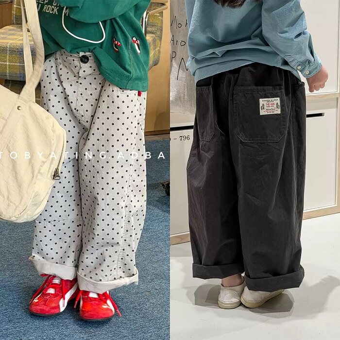 春季童装儿童帅痞韩版贴标深灰色工装裤男女宝宝宽松休闲波点长裤