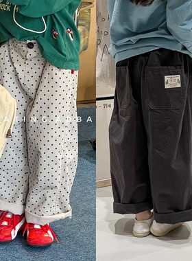 春季童装儿童帅痞韩版贴标深灰色工装裤男女宝宝宽松休闲波点长裤
