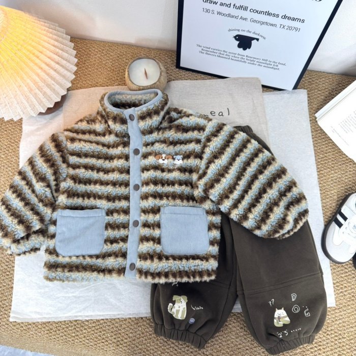 儿童韩系童装羊羔绒条纹加绒上衣卡通刺绣立领夹棉外套+卡通卫裤,童装/婴儿装/亲子装,棉袄/棉服,淘宝优惠券,粉丝福利购,淘宝优惠卷