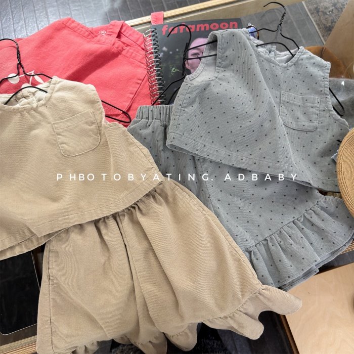 春秋季女童洋气韩系穿搭套装女孩小波点蓝色马甲+花边阔腿七分裤