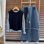 套装 女童2025秋新款 上衣t恤 宽松假两件屁帘牛仔长裤 韩版 简约长袖