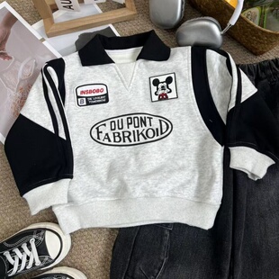 韩系男小童冬季新款加绒加厚翻领卡通贴标拼接上衣休闲款套头卫衣